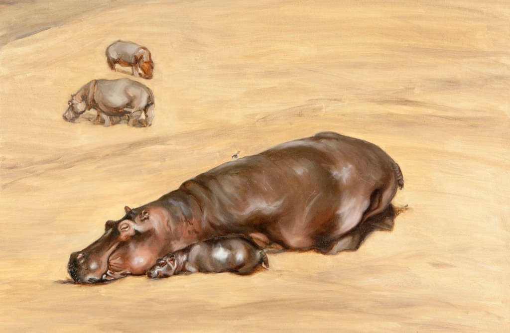 Sleeping hippos by African wildlife artist Francesca Sanders
