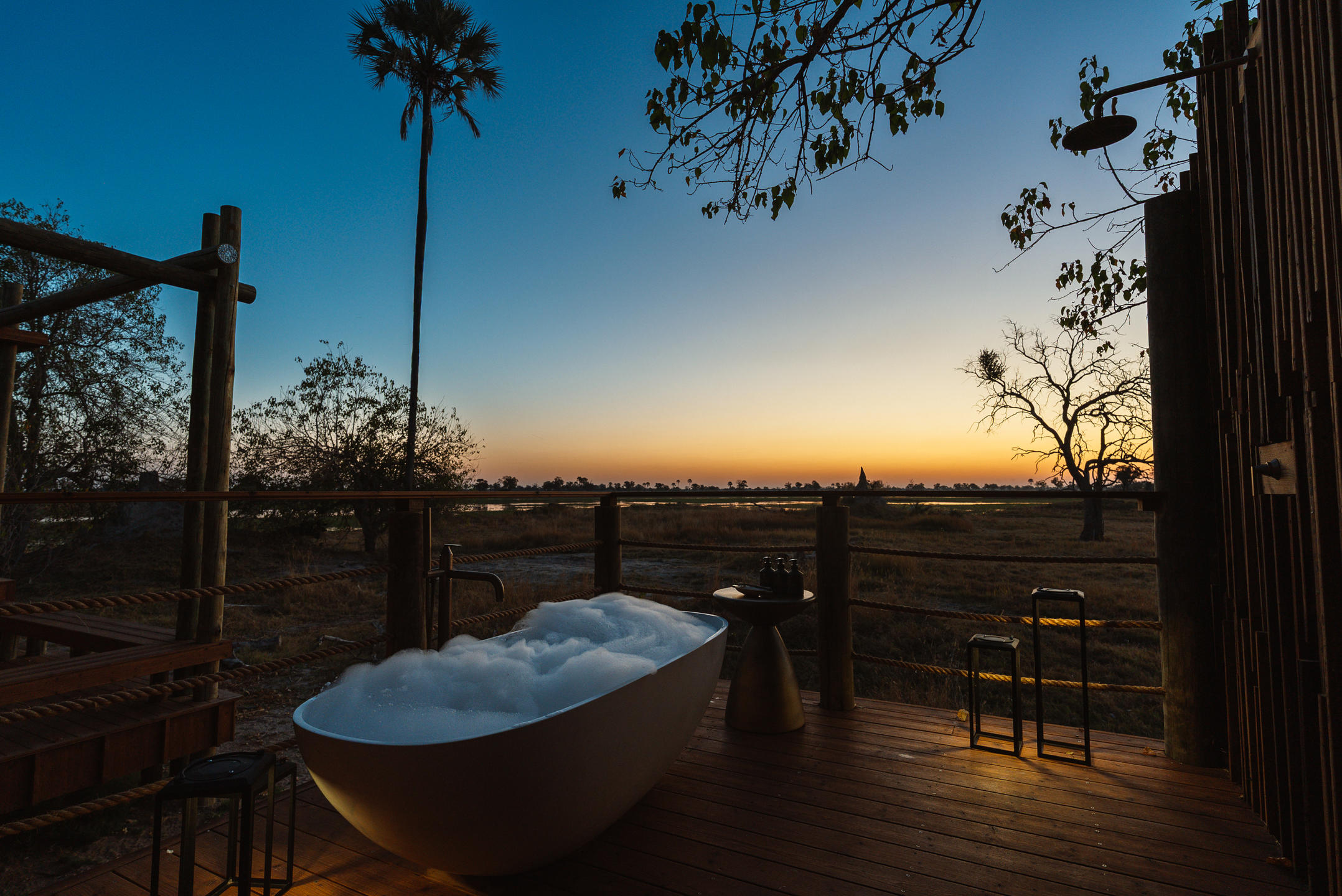 Bath full of bubbles at Baines' Lodge in the Okavango Delta