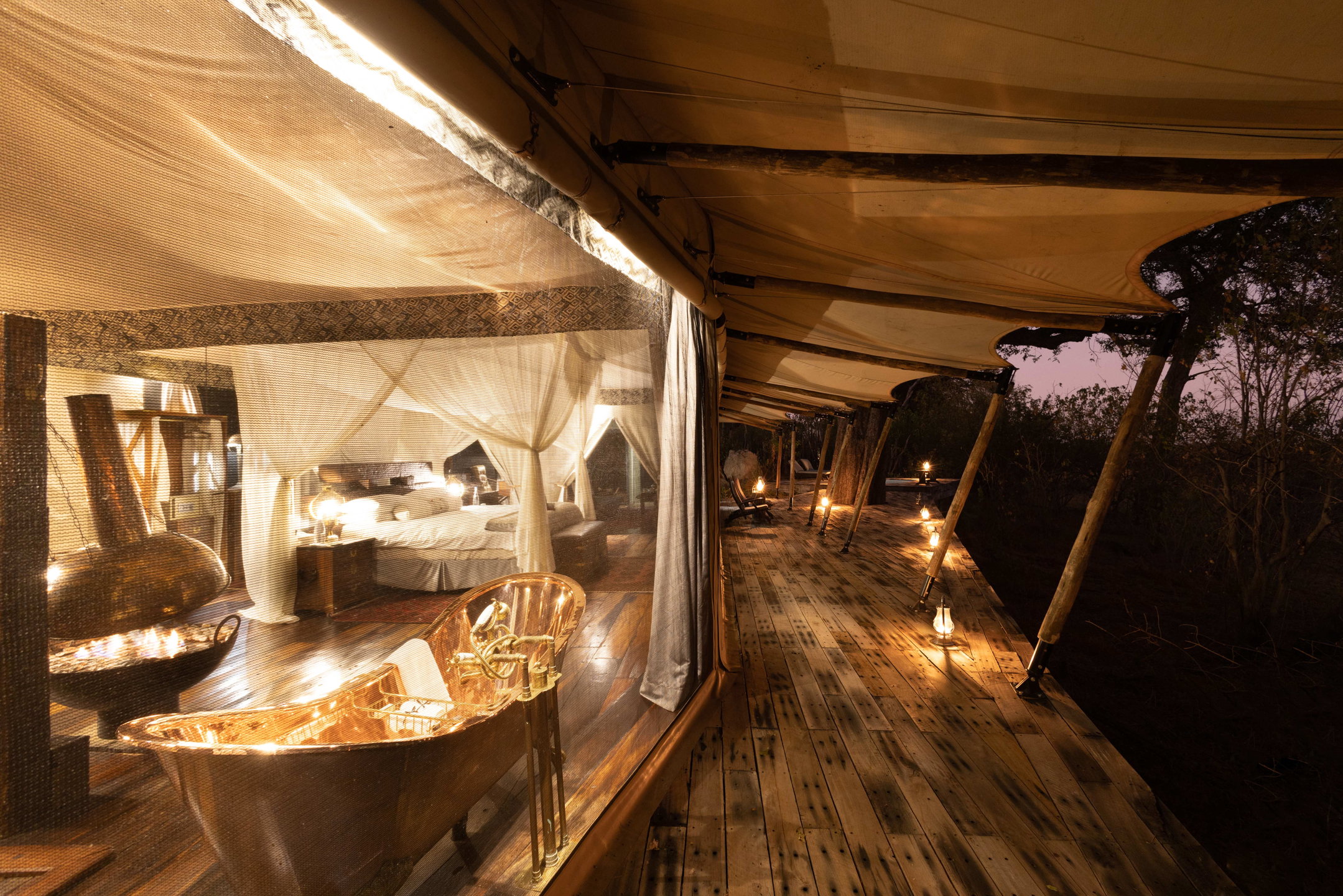 copper roll top bath at Zarafa Camp in Botswana